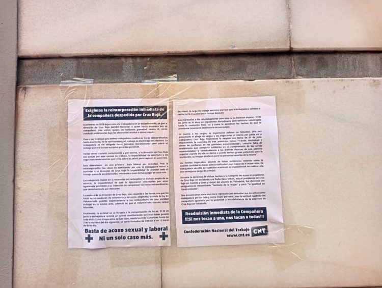 Éxito rotundo ayer en la jornada de lucha estatal de CNT por el caso de acoso en Cruz Roja Valladolid