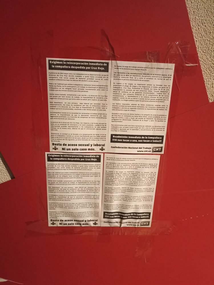 Éxito rotundo ayer en la jornada de lucha estatal de CNT por el caso de acoso en Cruz Roja Valladolid