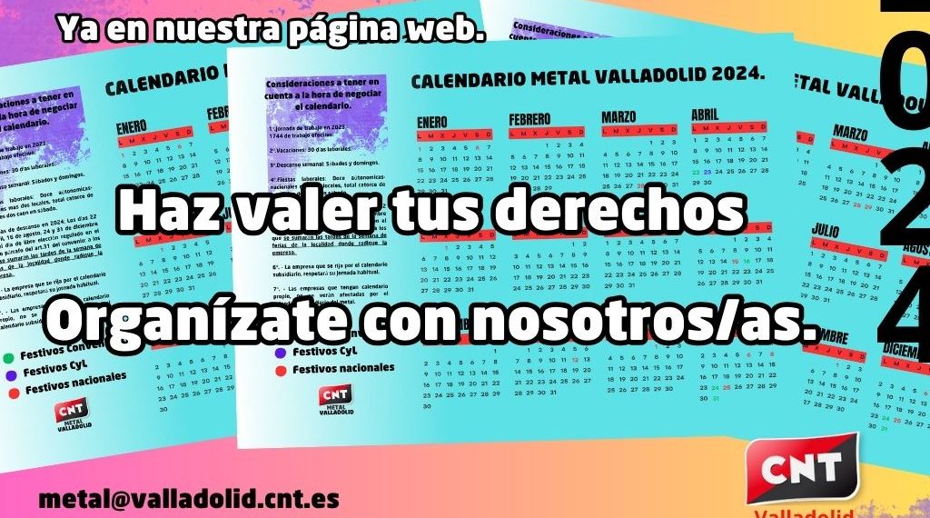 Calendario laboral subsidiario para el año 2024 del Convenio Colectivo de la industria del Metal de Valladolid