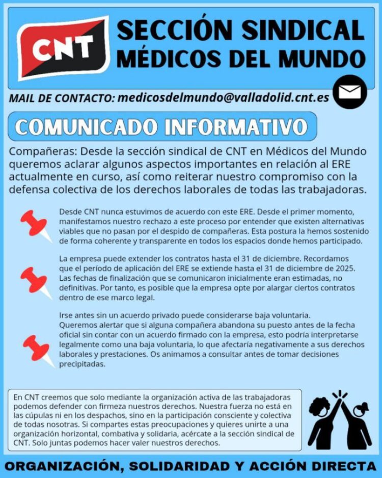 CNT contra el ERE en la ong-empresa Médicos del Mundo